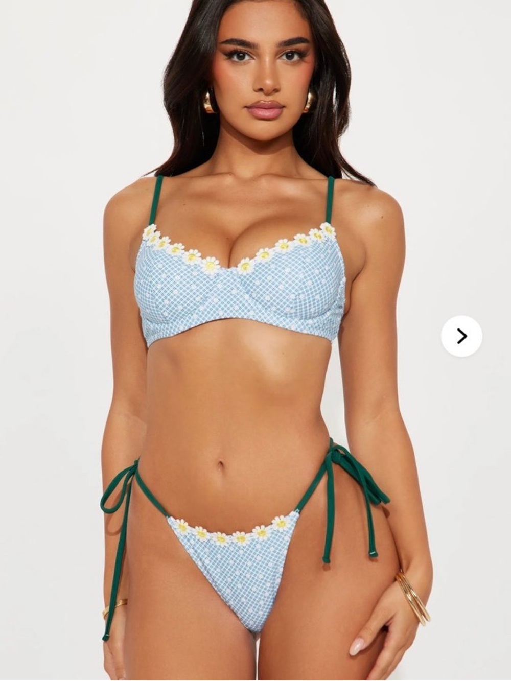 NWT Fashion Nova Gingham print blue medium Daisy Trim Bikini with Green Straps